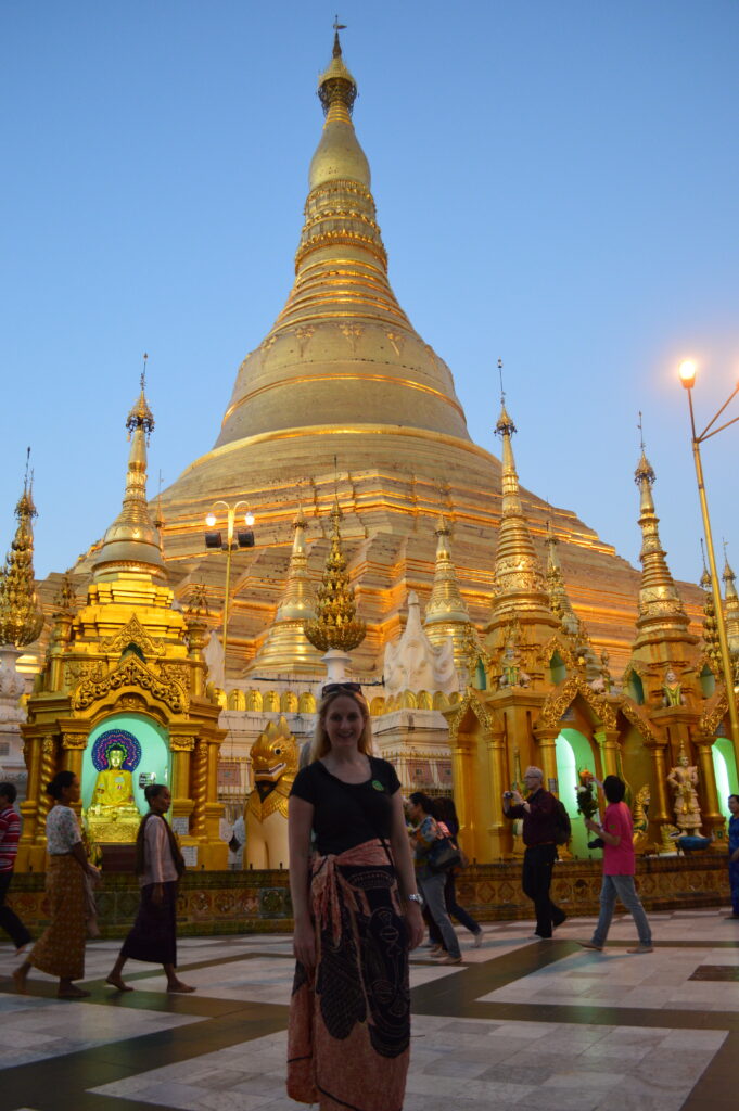 Shannon in front of Schwedagon Pagoda in Yangon, Myanmar