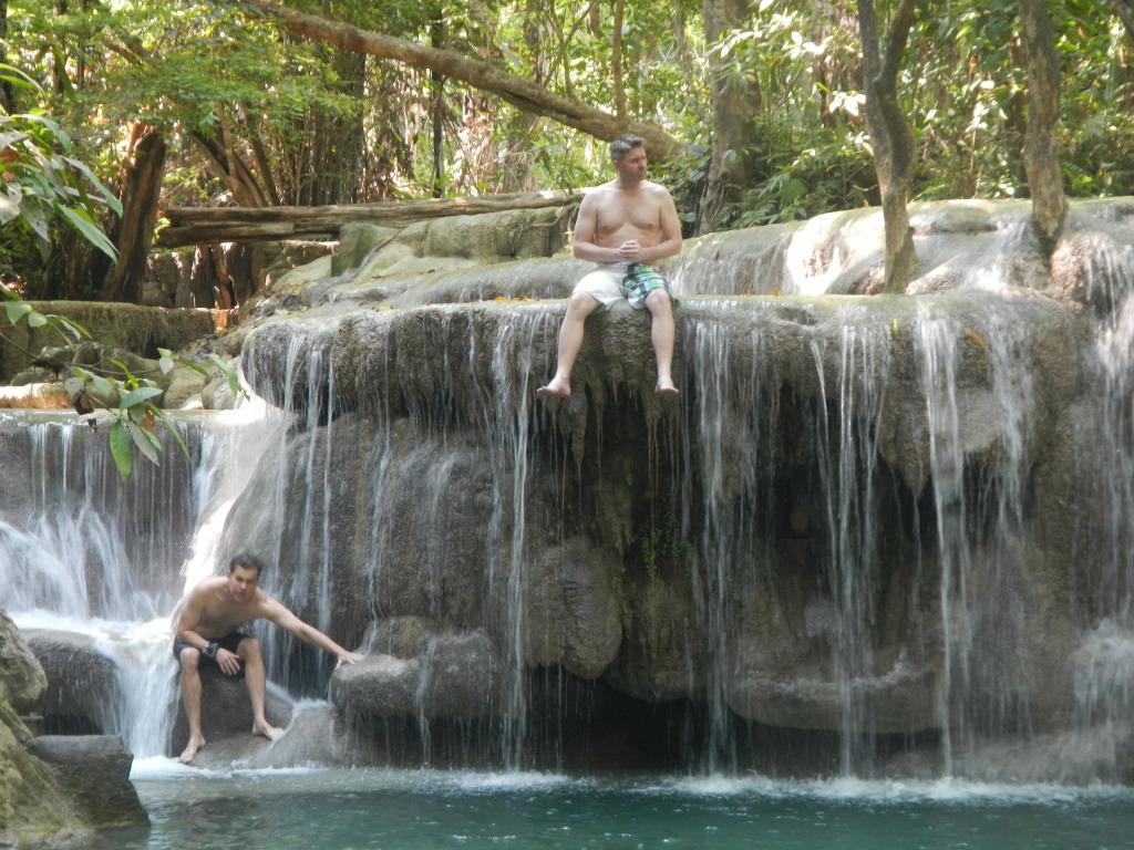 Stephen and Derrick at Erawan Falls in Kanchanaburi, Thailand