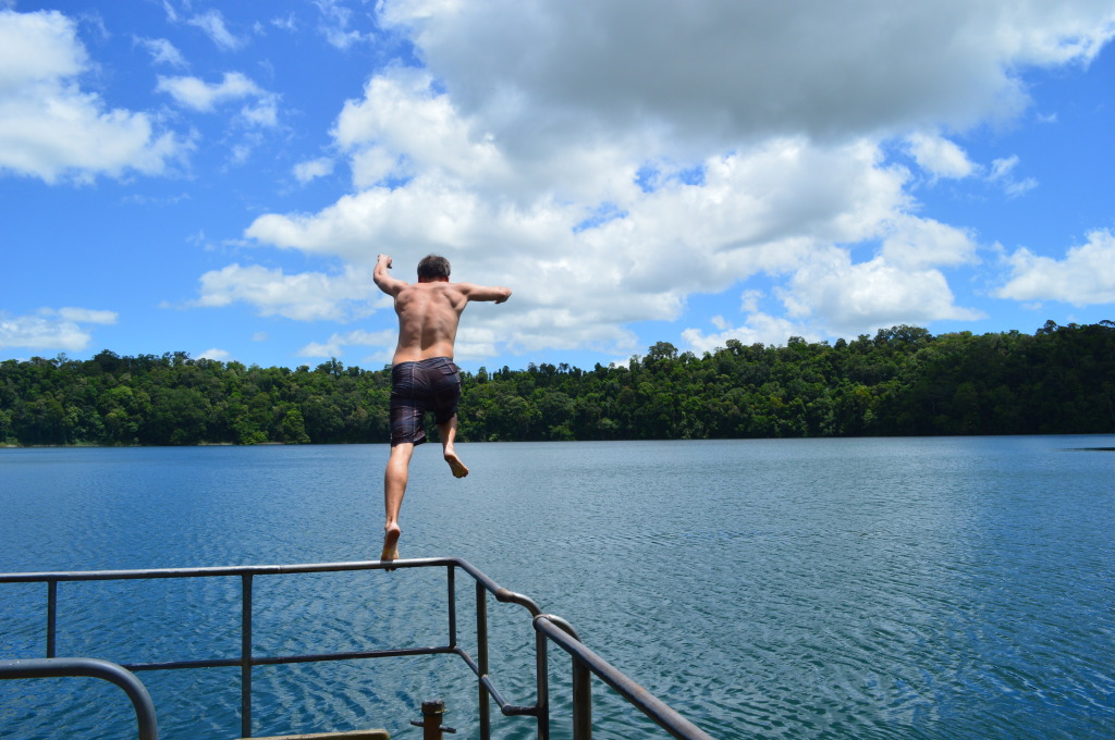 Stephen jumping into Lake Barrine in Queensland, Australia