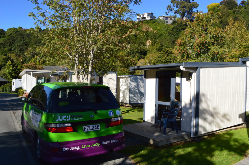 Jucy Campa Van in front of our cabin in Dunedin, New Zealand