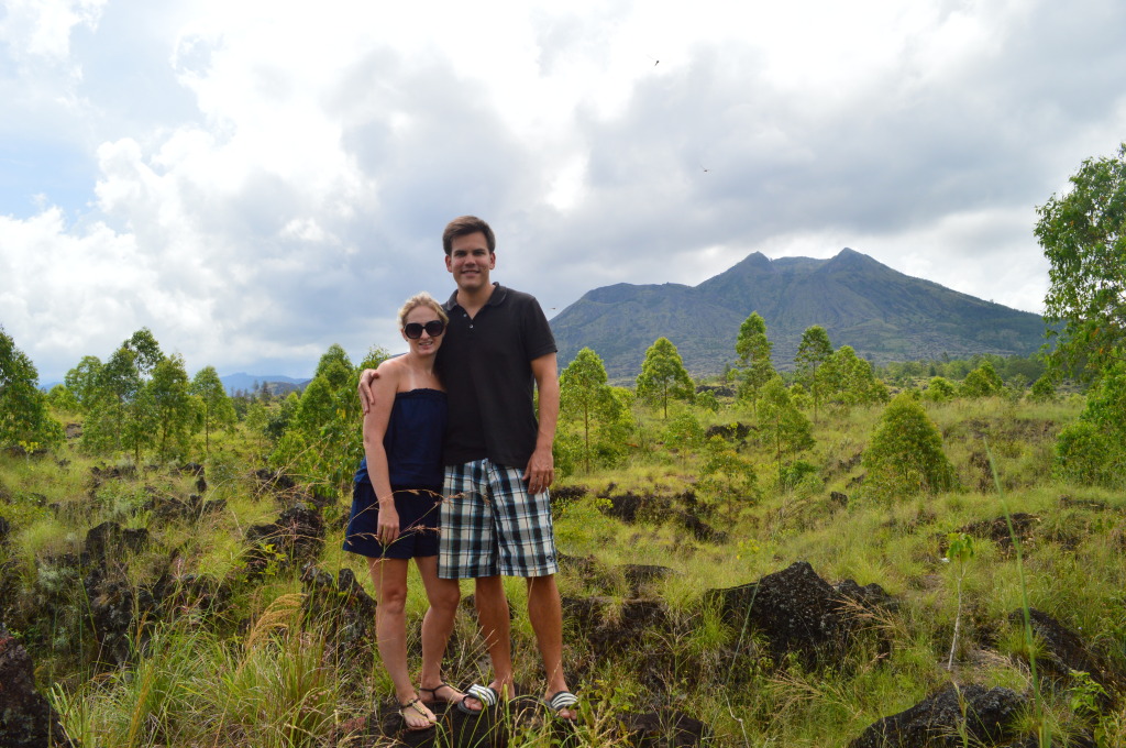 Shannon and Stephen in front of a ruptured volcano in Bali, Indonesia