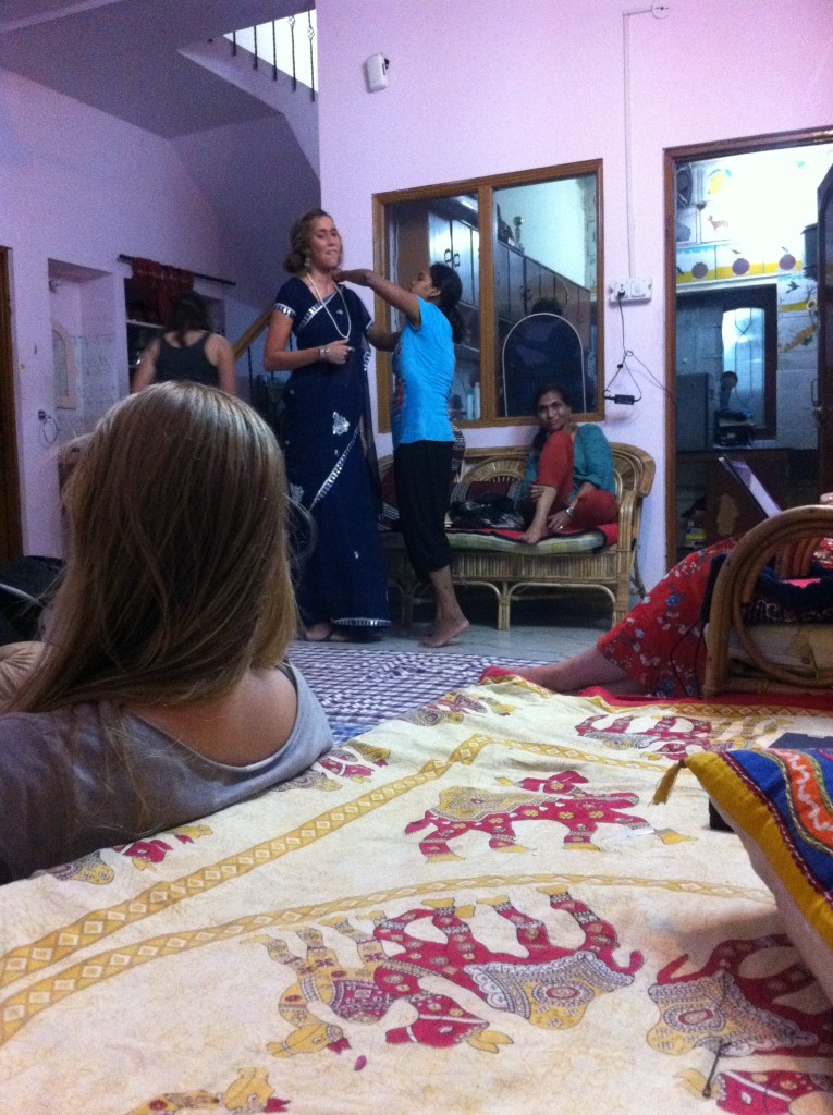 Here's one of the interns from Finland putting on a Sari in the commons of the main camp
